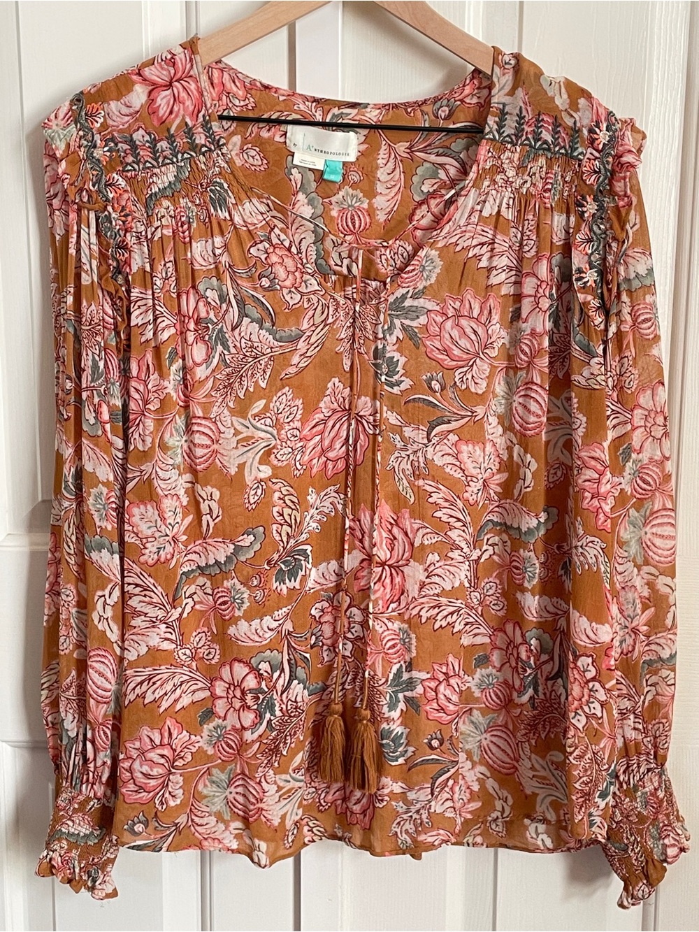 By Anthropologie Floral Ruffle Tassel Peasant Blouse Size 1x